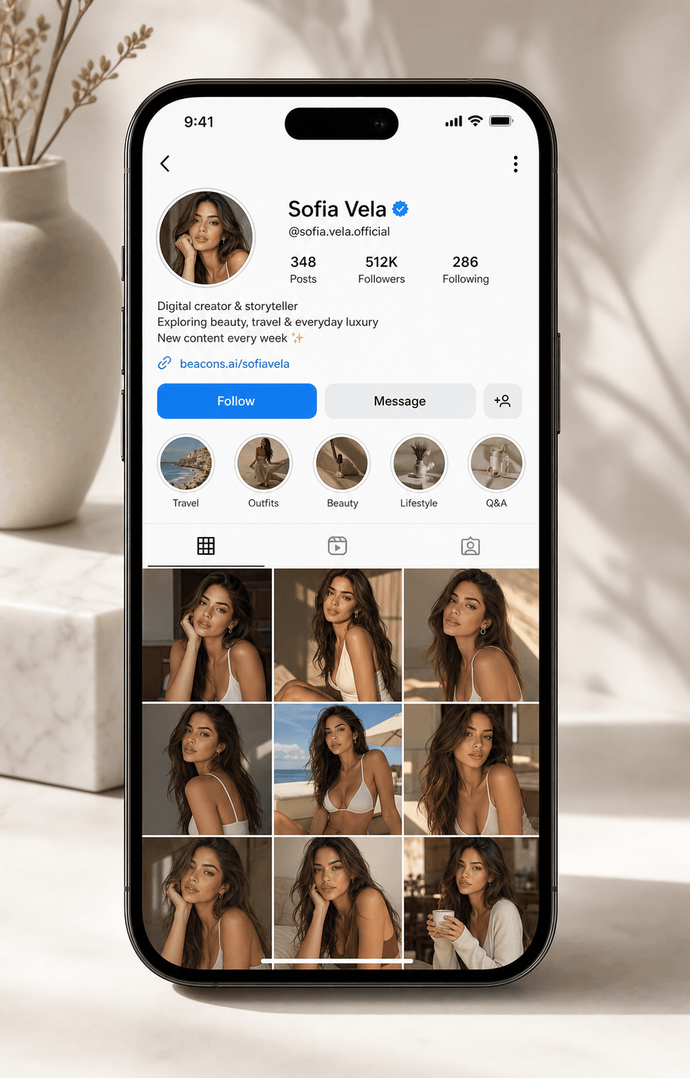 Generated fictional Sofia Vela social account example for an AI fake-account review