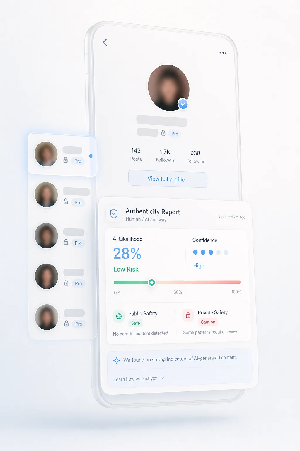 Generated preview of masked social account intelligence cards and paid authenticity report
